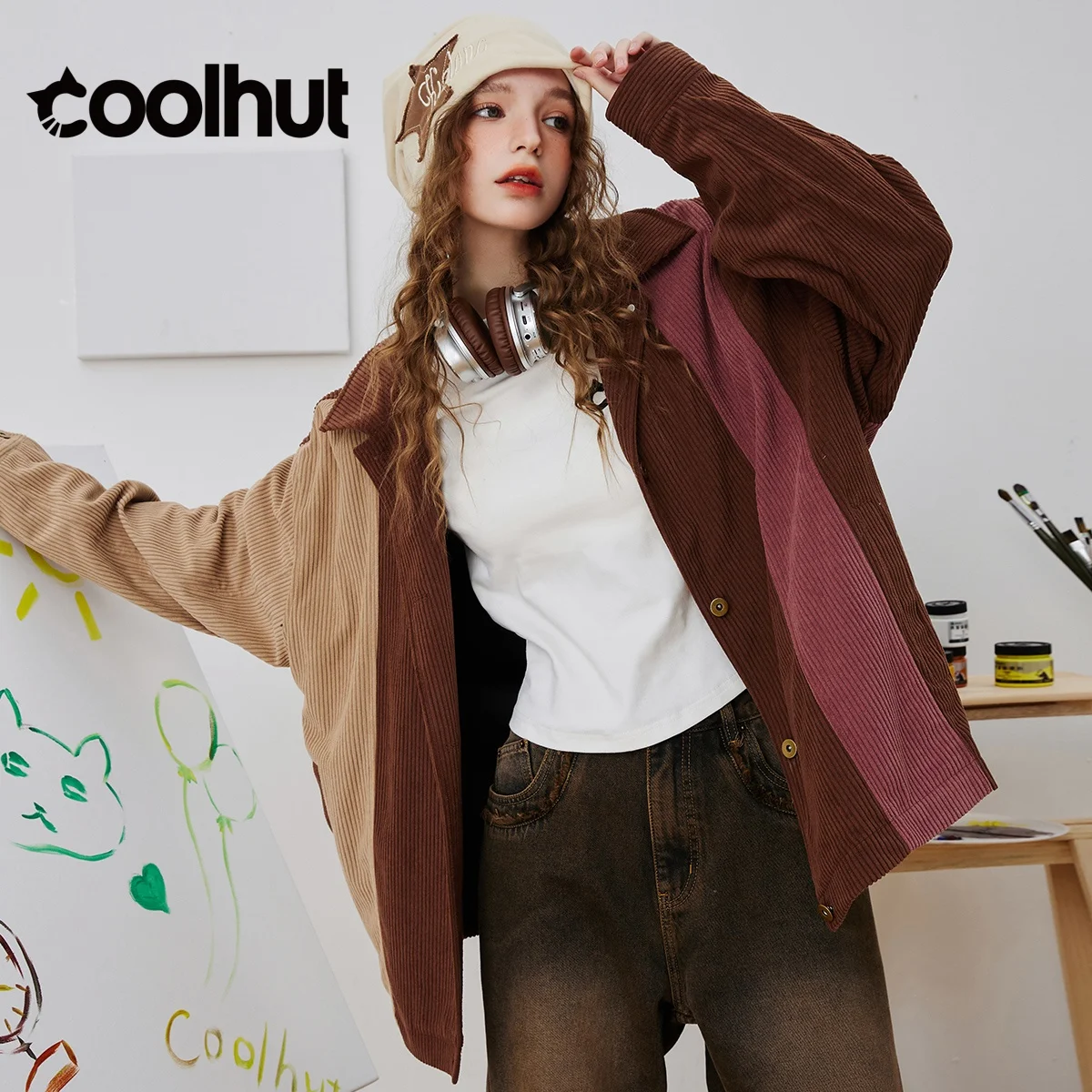 

COOLHUT 2025 Fall Women's Corduroy Baseball Jacket Vintage Striped Colorblock Coat with Notched Lapel Retro Patchwork Outerwear