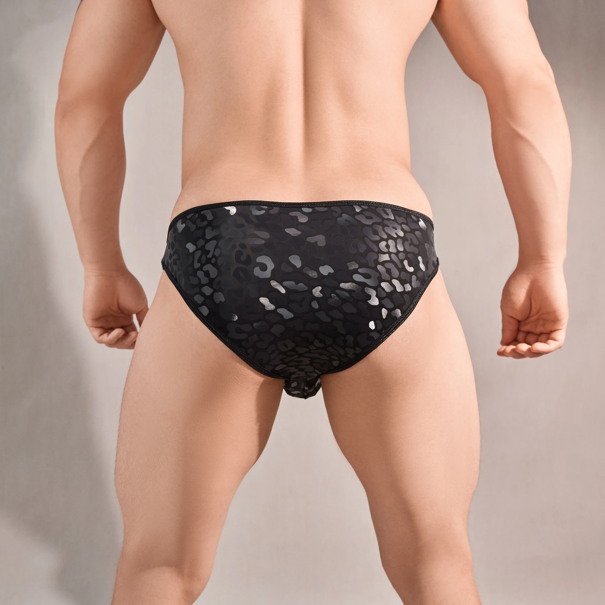 Men Sexy Opaque Underwear PU Printed Pattern Polyester Fabric Cross-Cut Ball Pouch Male Stretchy Thin Soft Comfortable Briefs