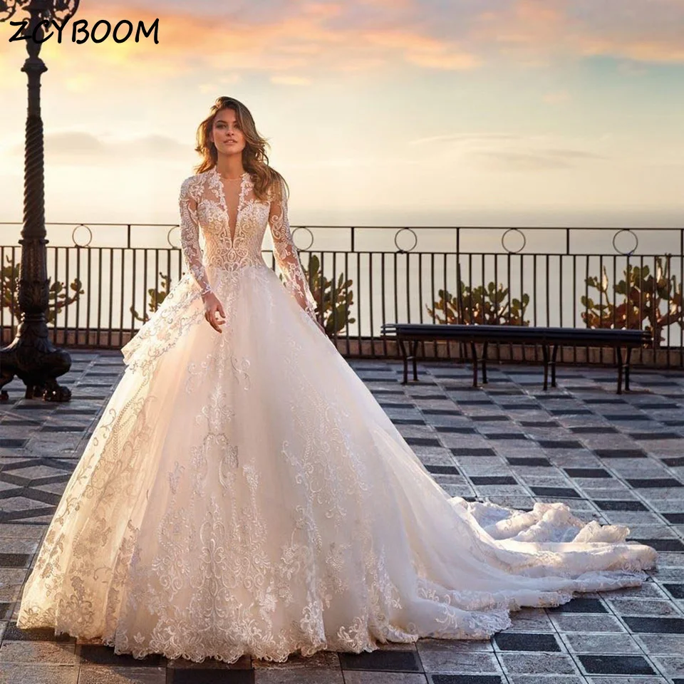 

Exquisite White O-Neck Lace Appliques Long Sleeves Wedding Dress 2023 A-Line Floor Length Sweep Train Tulle Pretty Bridal Gown