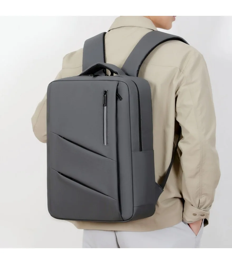 Dark gray diagonal pattern business backpack single side zipper pocket slim structured design built in USB port scratch