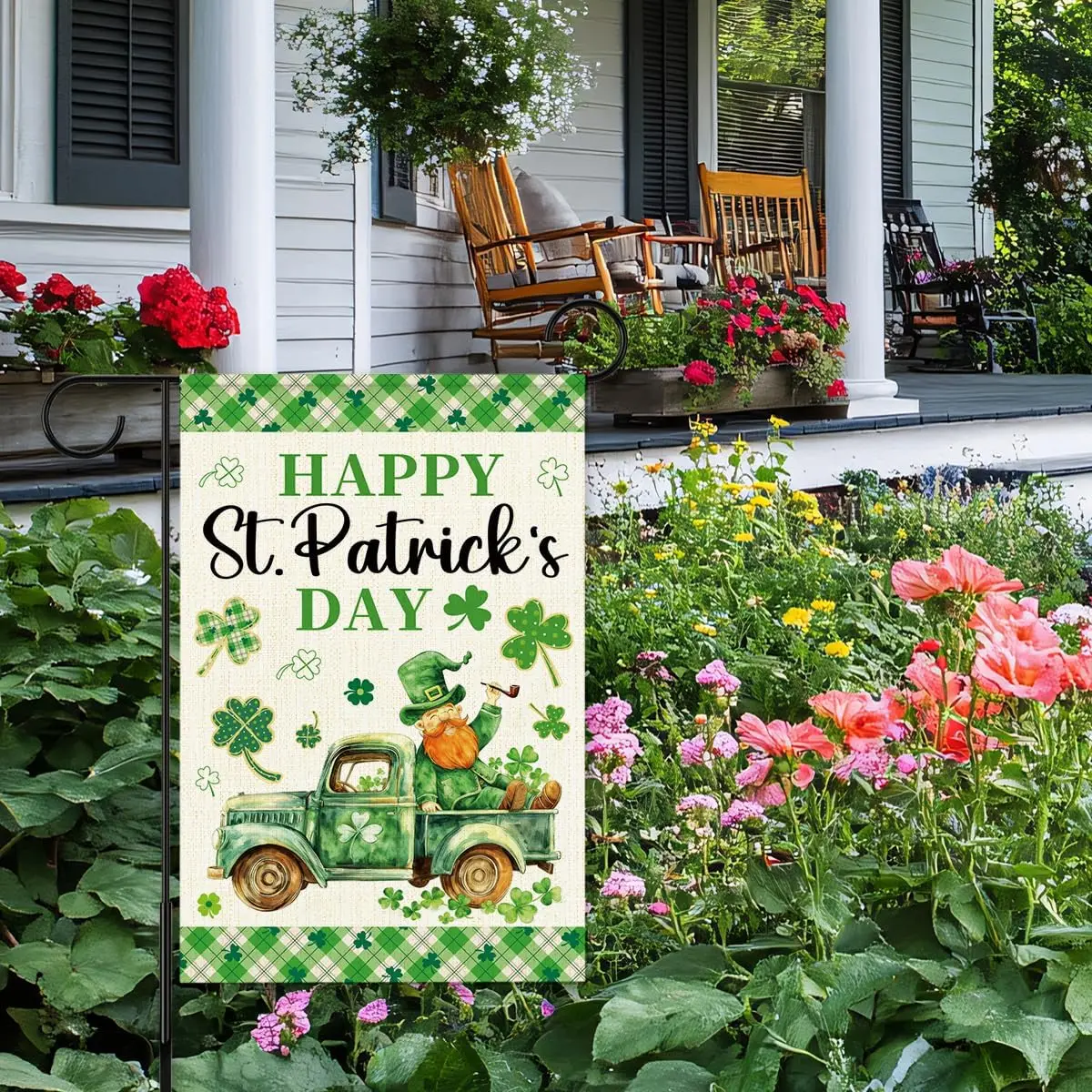 Happy St Patricks Day Garden Flag 12x18 Inch Double Sided,Leprechaun Shamrocks Truck Buffalo Plaid Outdoor Irish Decor House IIC