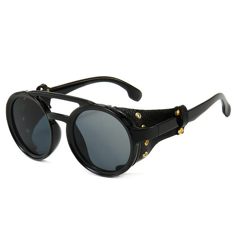 Sunglasses Windproof Mountaineering Steampunk Round Eyewear for Men with Leather Side Goggles UV400 Cycling Riding Glasses