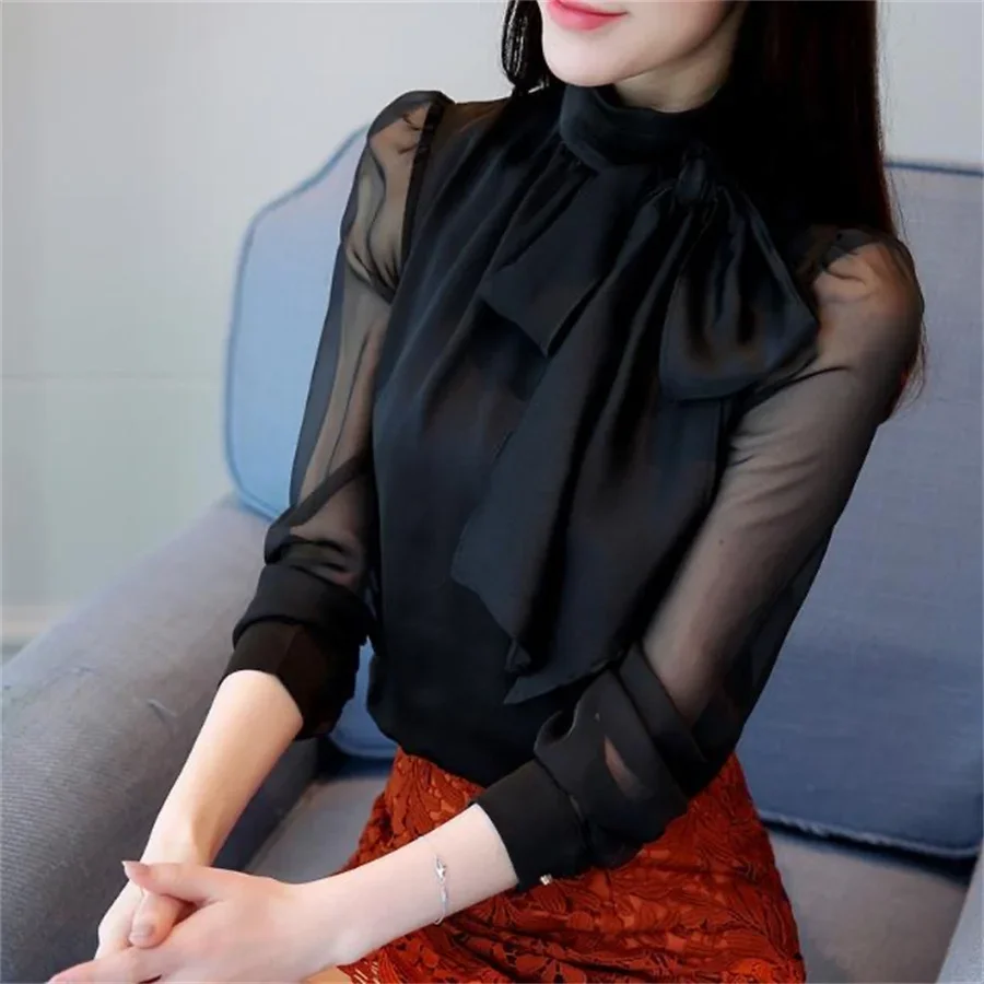 

New Summer Fashion Tunic Women Blouse Shirts Long Sleeve Tie Bow Chiffon Turtleneck Formal Women White Black Shirts DF4905