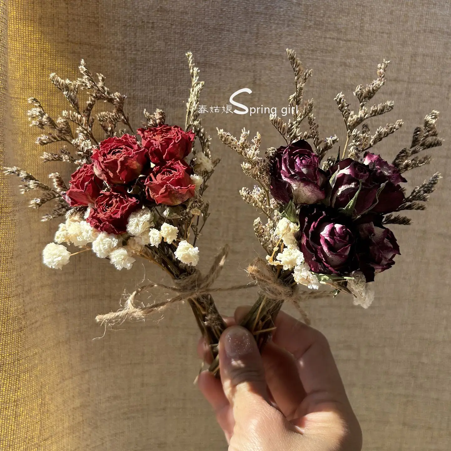 Mini Dried Flower Bouquet Natural Red Purple Rose With Baby Breath Limonium For Wedding Party Home Table Boho Decor