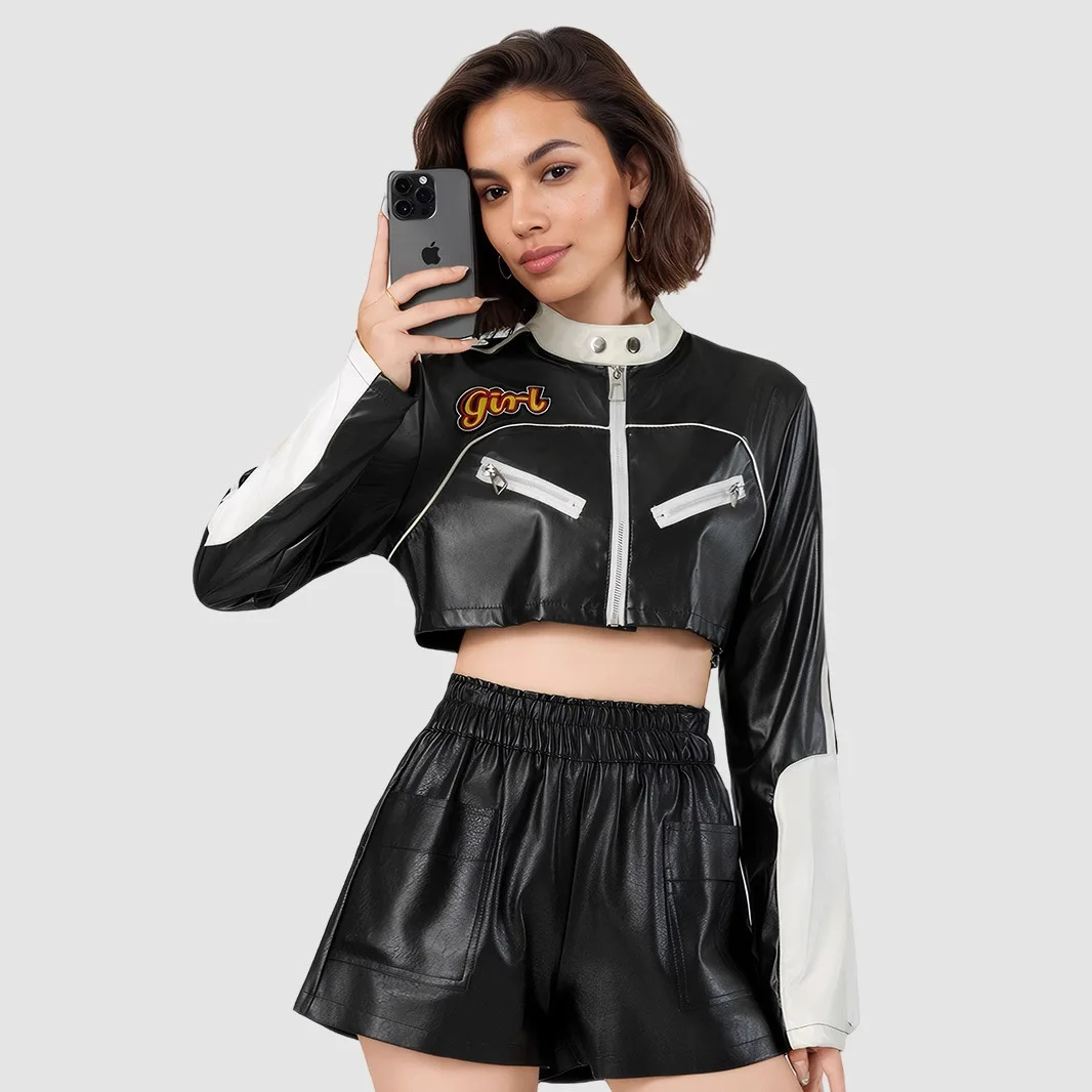 KIDCRKJ Fashion Women Motorcycle Coat Letter Print Round Neck Zipper Fly Lady Bomber Jacket Color Blocked Chic Female Outwear