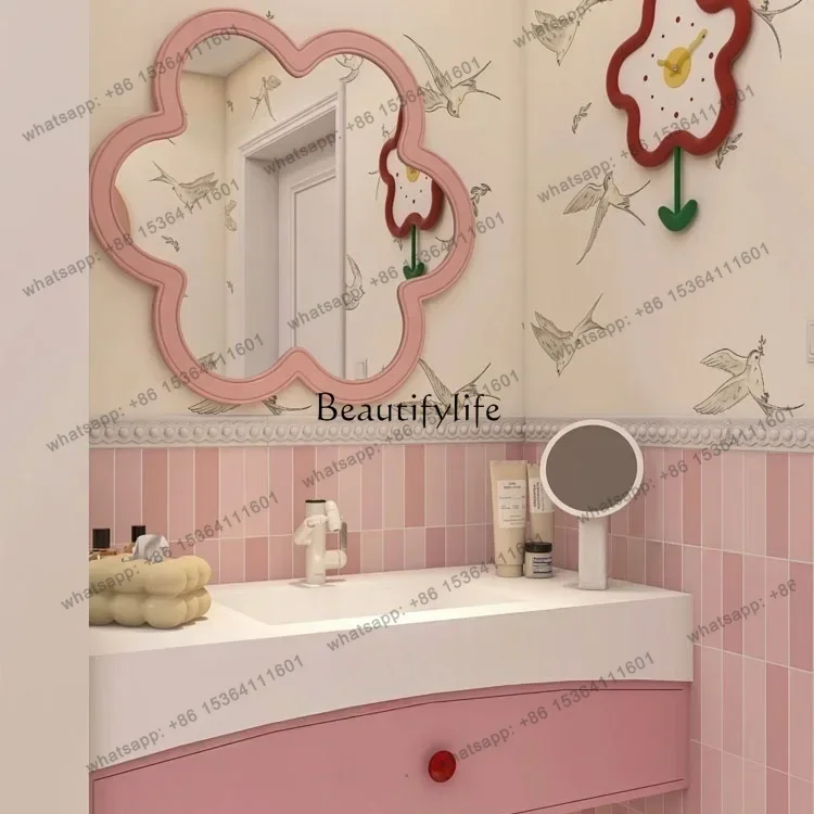 12French bathroom cabinet pink solid rubber wood paint bathroom washstand rock slab seamless basin