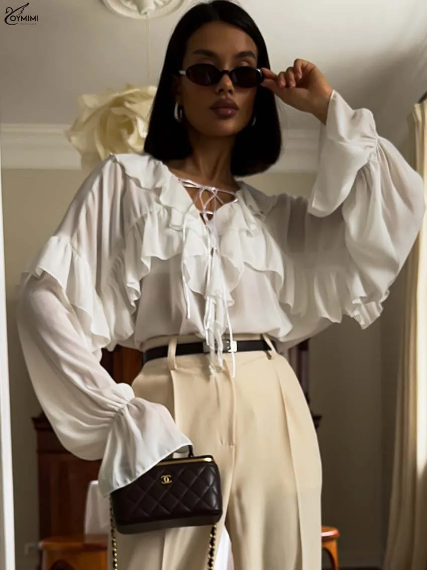 

Oymimi Casual White Loose Woman Blouses Fashion V-Neck Long Sleeve Ruffled Blouses Elegant New Lace-Up Solid Blouses Streetwear