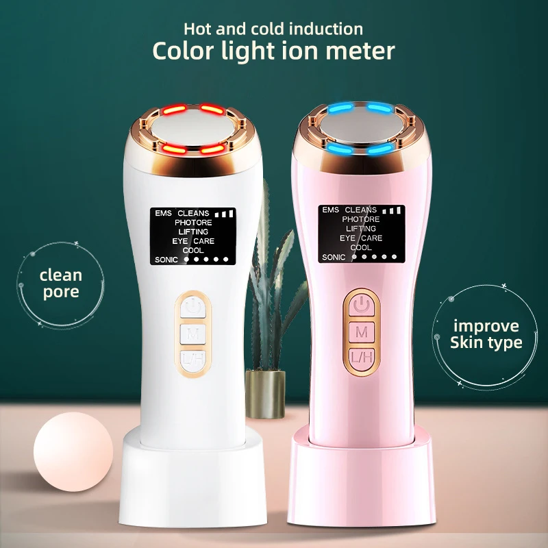 LEDフォトンセラピー,7 in 1,振動,しわ除去剤,熱風,クールな治療,アンチエイジング,肌の若返り,フェイシャルビューティデバイス