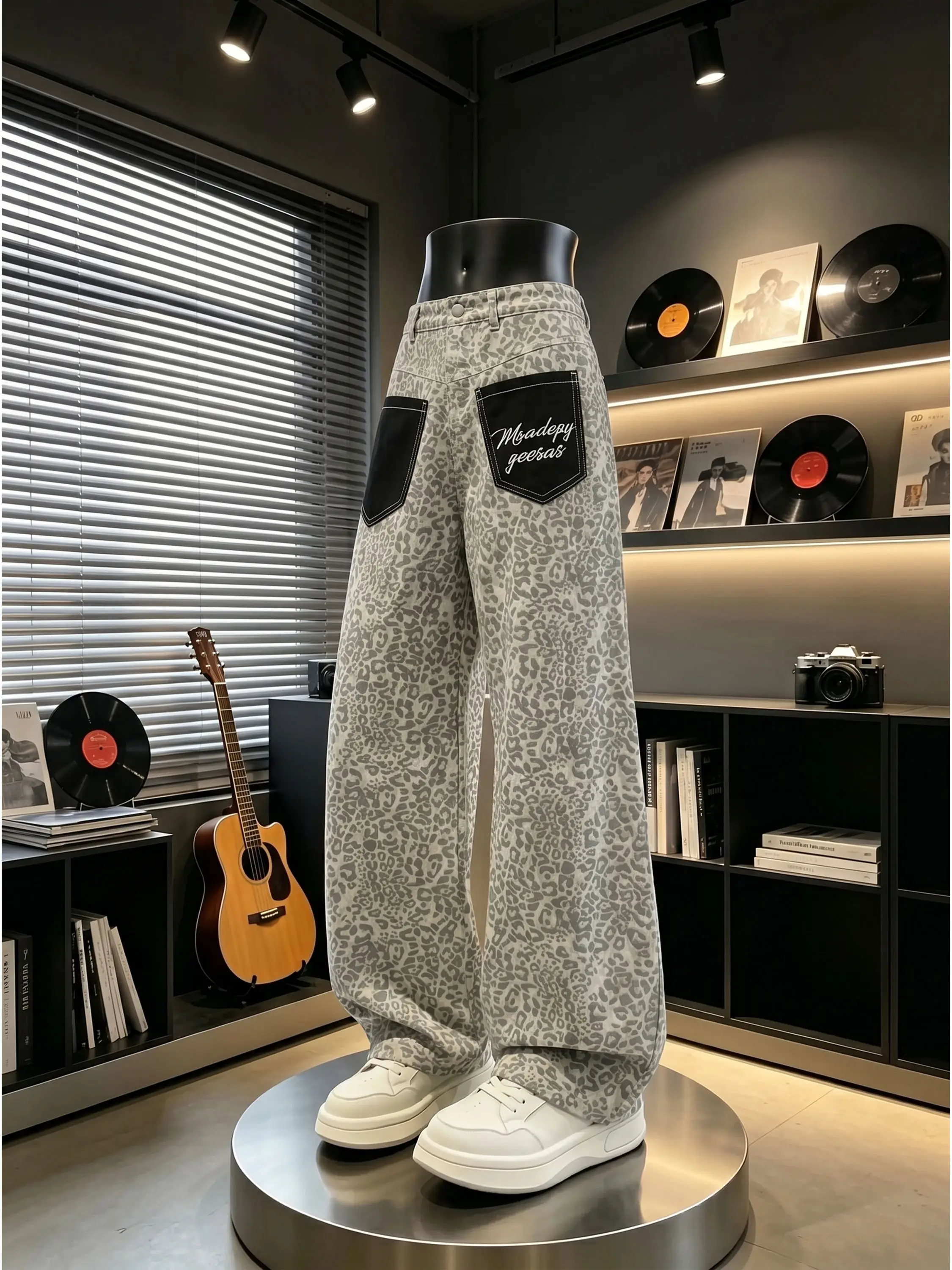 Retro American Leopard Print Men's Jeans Summer Patchwork Loose Wide Leg Knife  Straight Tube Pants High Street Trend
