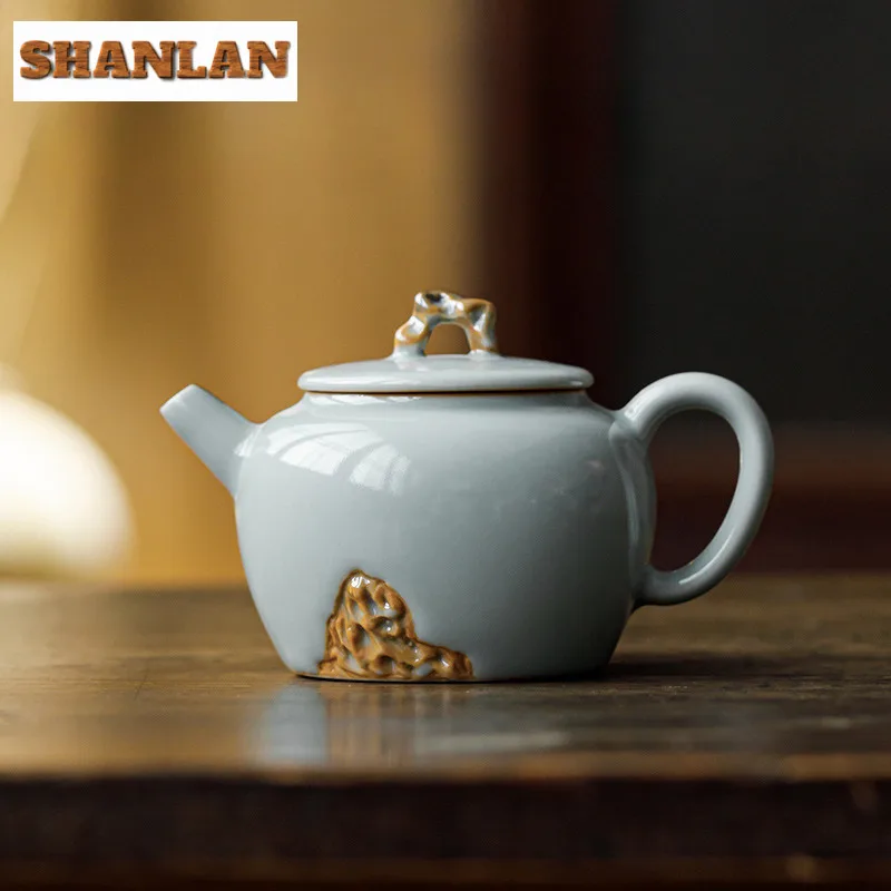 

160 мл рельефный небесно-голубой чайник ручной работы с печью, антикварный чайник для заварки чая, чайник с ситечком, чайная посуда с цветком, ремесло