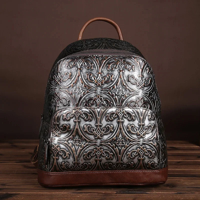 

Genuine Leather Backpack Rucksack for Women Luxury Designer Travel Real Cowhide Embossed Knapsack Student Book Bag Daypack