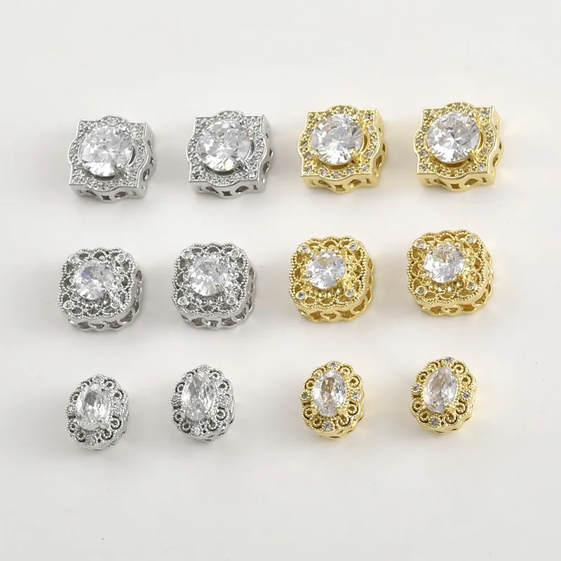14K Real Gold Color Retention Retro Lace Oval Square Inlaid Zircon Bead Spacer DIY Handmade Beaded Material Accessories