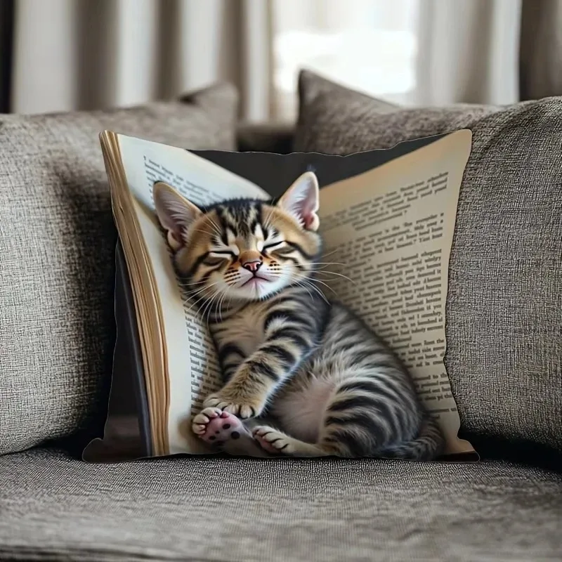 1pc Creative Sleep Cat Printed Pillowcase Single Sided Square Cushion Case Comfortable for Indoor Sofa & Home Decor Pillow Cover