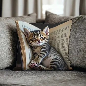 1pc Creative Sleep Cat Printed Pillowcase Single Sided Square Cushion Case Comfortable…