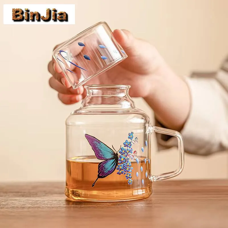 

470Ml Flower Butterfly Cold Glass Kettle Resistant Herbal Teapot Large Capacity Beverage Fruit Pot Cup Set
