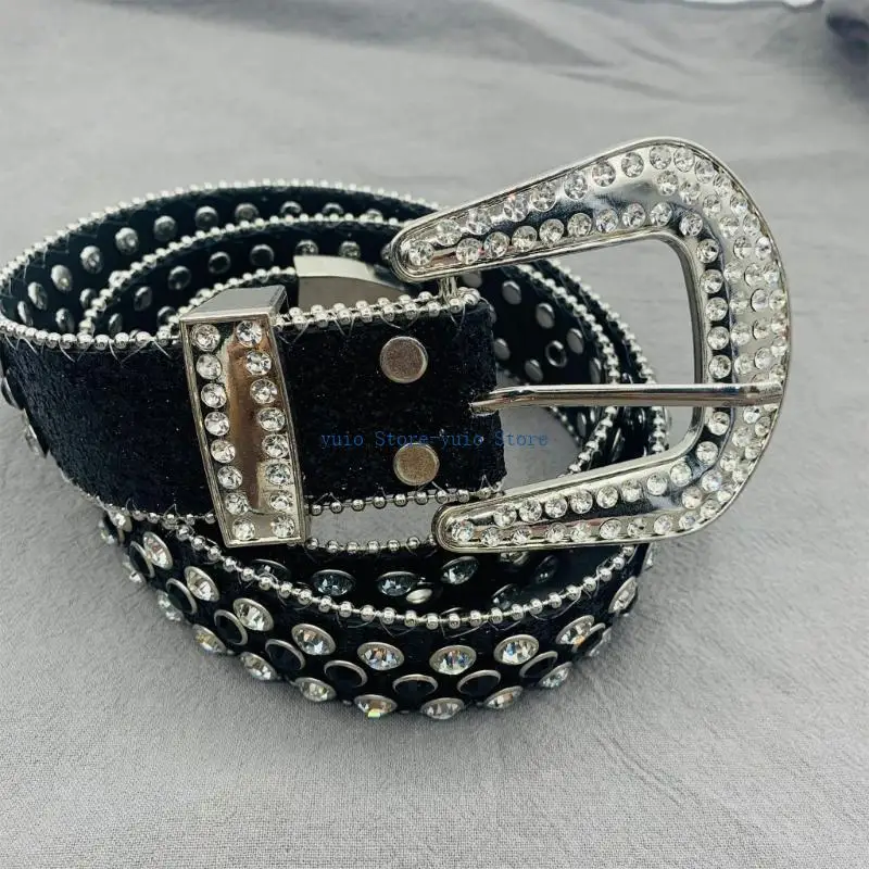 

X7XB Women Rhinestones Belt for Jeans Dress, Men Western Cowgirl Bling Studded Faux Leather Belt Costume Accessories