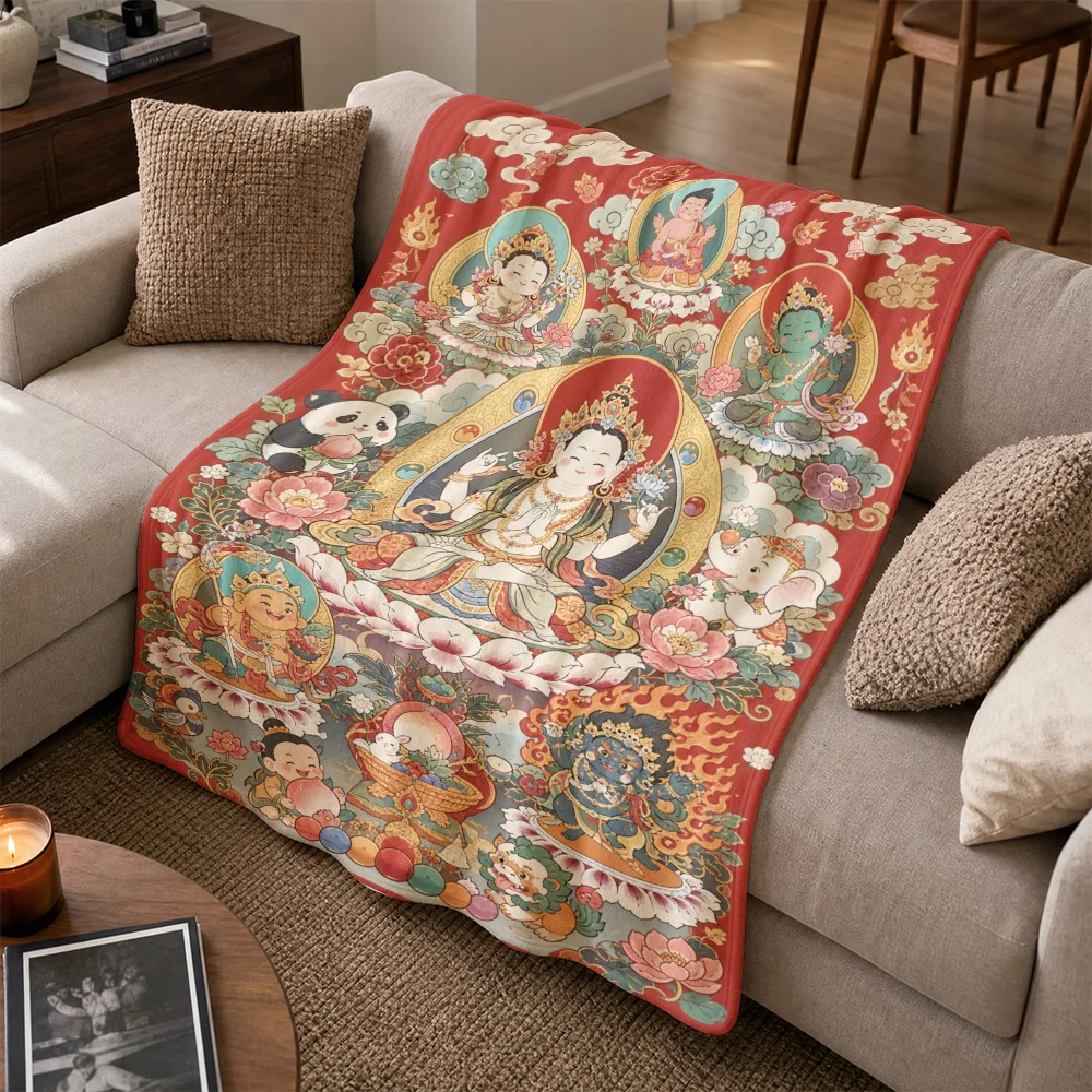 Highly ornate Thai Buddhist Deity Goddess Print Decorative Throw Blanket Sofa Cover Textile for Living Room Asian Home Decor Art