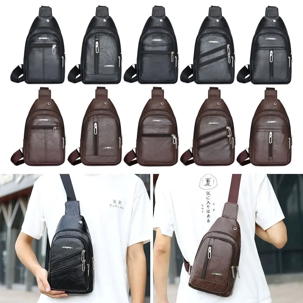 Solid Color Men\'s Sling Bag Fashion PU Leather Large Capacity Crossbody Bag with Earphones Hole Anti-theft Chest Bag
