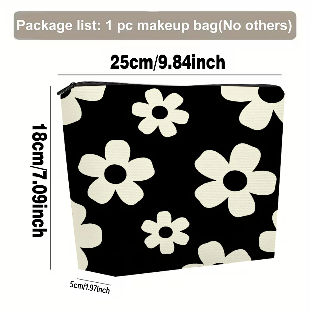 Black Background White Flowers Pattern Makeup Bags for Girls Cosmetic Pouch Toiletry Bag Pencil Case Travel Storage