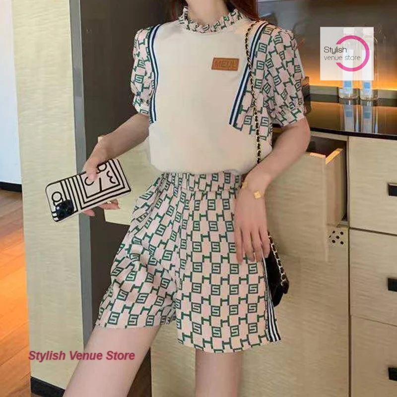 

Summer short-sleeved shorts suit female Korean loose round neck design sense sports casual printing fashion temperament suit