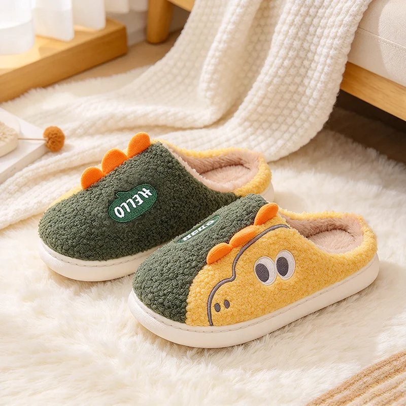 Cartoon Dinosaur Plush Slippers Women Home Warm Fluffy House New Winter Shoes Girls Non-Slip Indoor Fuzzy Fur Slides Unisex Cozy