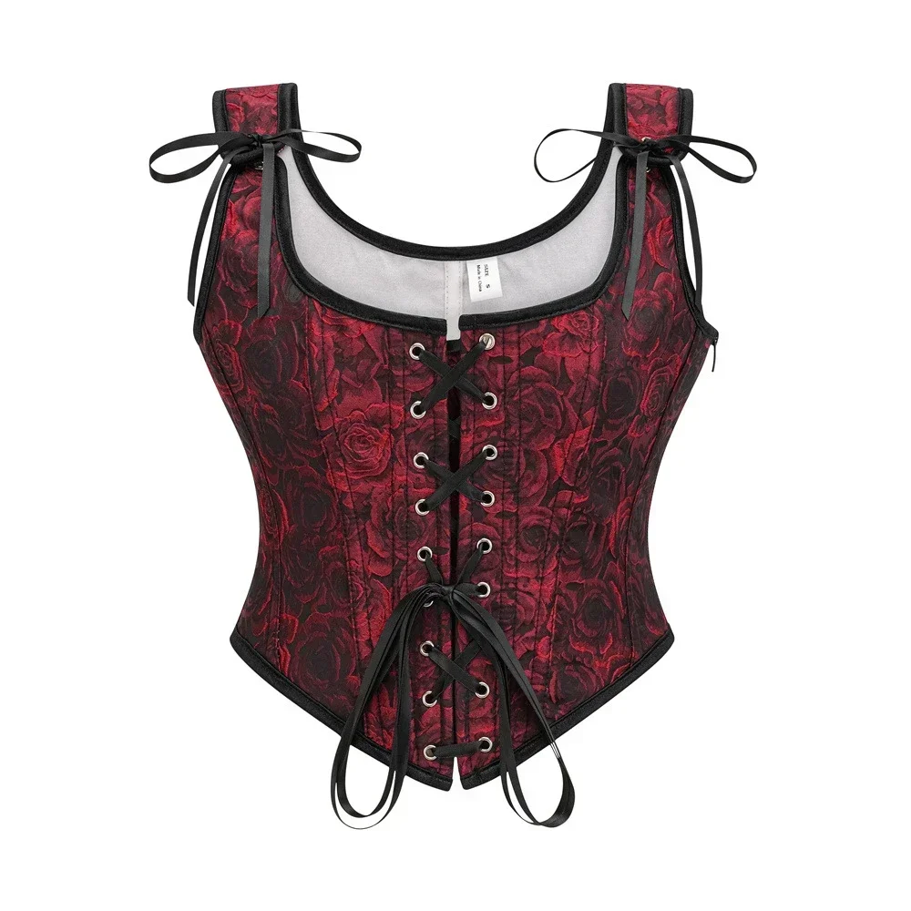 

Red Floral Print Vintage Lace Up Corset Vest Goth Bustier Top Burlesque Costume Women Steampunk Overbust Clothing