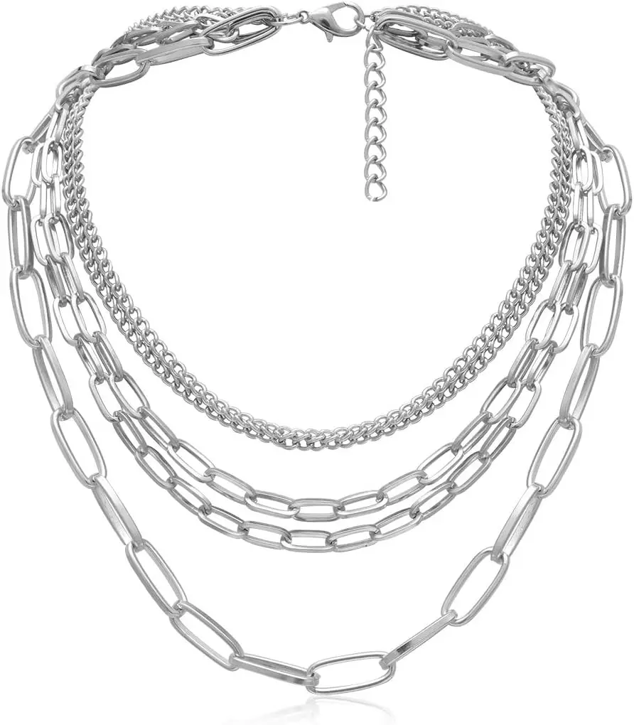 Layered Chain Necklaces for women 18 inch Gold Plated Paperclip Chain Silver Tone Choker Necklace Rope Ball Chains Punk Jewelry