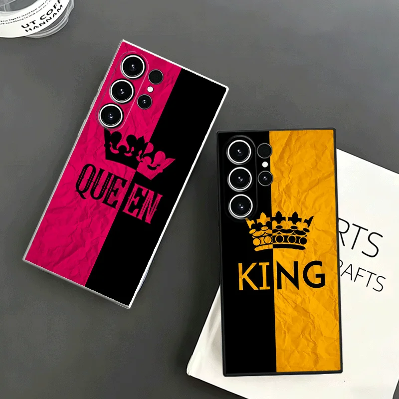 Queen King Couple Theme Soft Phone Case For Samsung S24 S25 S26 Ultra S23 S22 Plus S21 S20 FE Edge + Black White Couple Cover