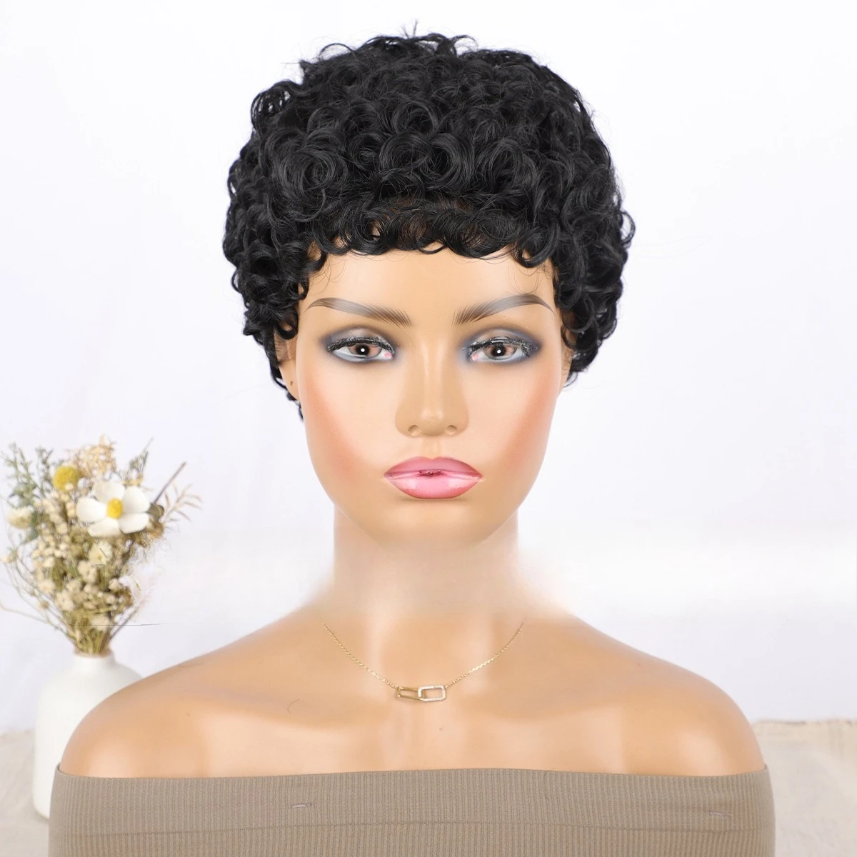 شعر مستعار نسائي قصير مجعد من الألياف الكيماوية #4