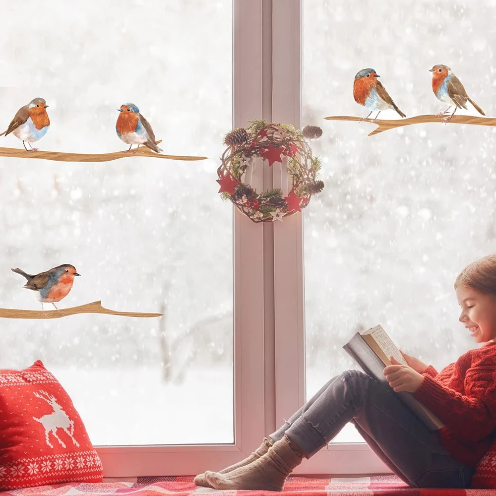 Pegatinas para ventana, Robin de Navidad, bonito pájaro, decoración para el hogar, sala de estar, dormitorio, baño, pared, muebles, puerta, decoración Interior de la casa