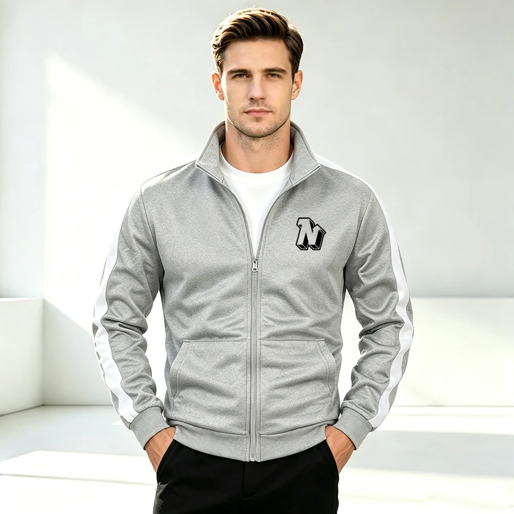 Men Colorblock Patchwork Stand Collar Jacket with Pocket Fall Spring Warm Long Sleeve Zip Up Coat Tops Simplified Letter N Print