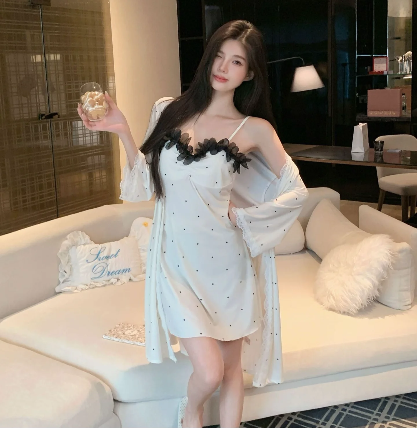 New three-dimensional flower spring and summer pure desire ice silk suspender nightgown women's polka dot pajamas home wear