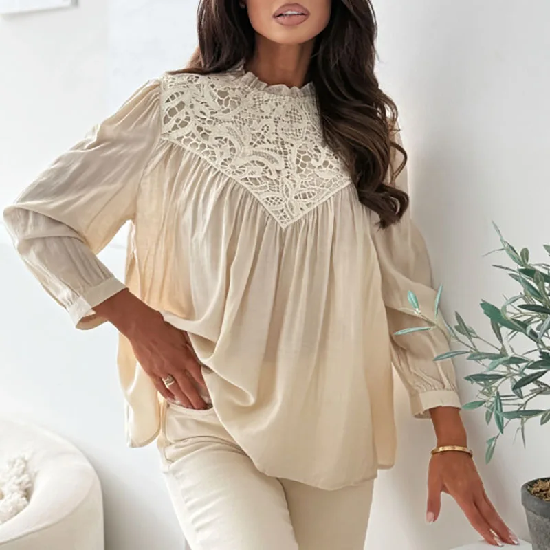 

Fashion Round Neck Long Sleeve Shirt Women Elegant Embroidery Solid Color Loose Pullover Casual Simple Pleated Clothing Blouse
