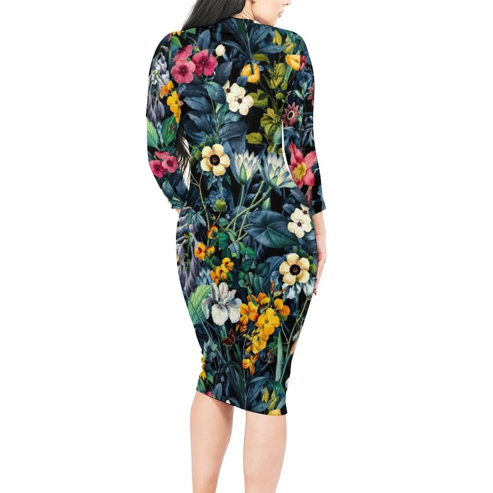 Jugnle Floal Bodycon Dress Womens Exotic Garden Flowers Retro Dresses Summer Long Sleeve Street Style Design Dress Large Size