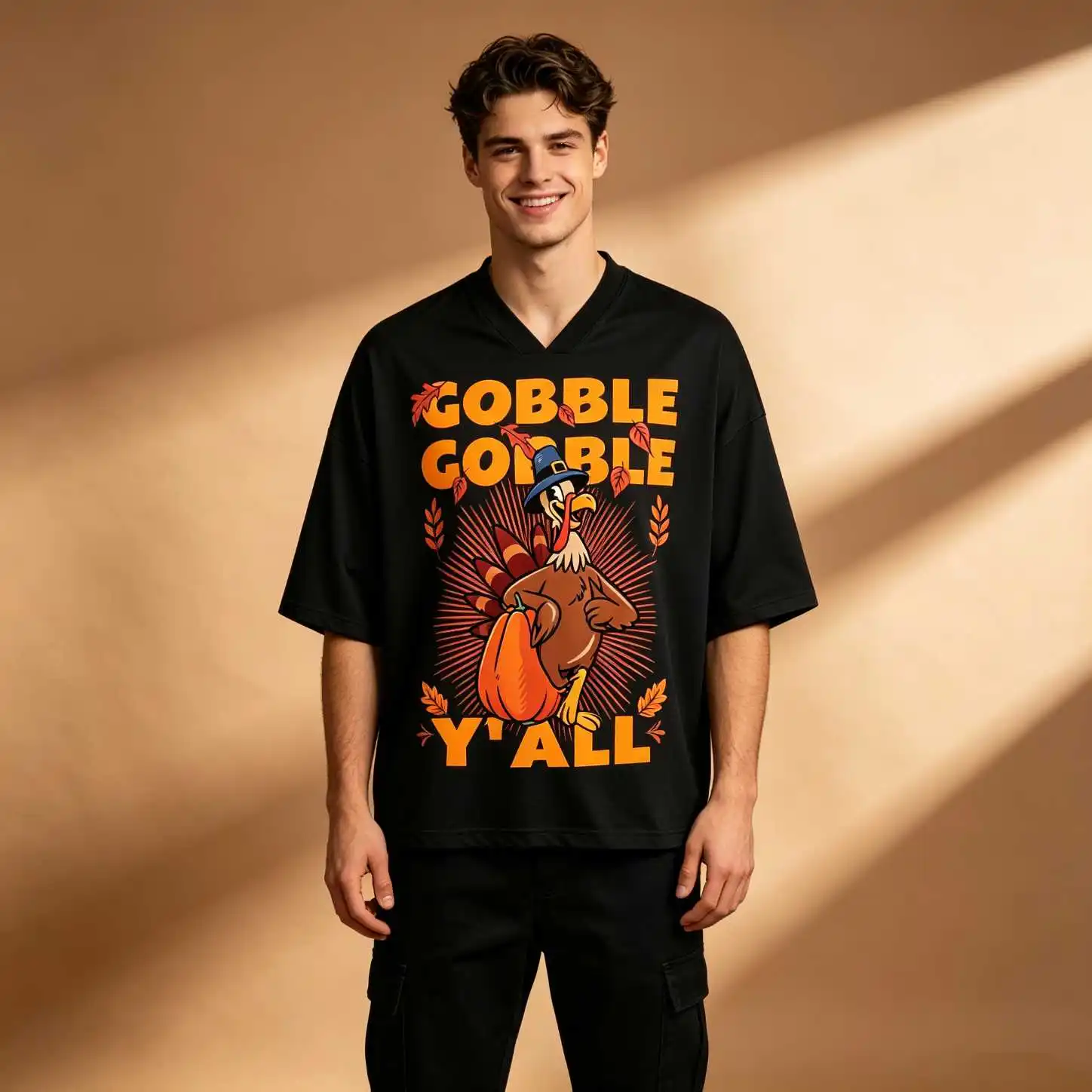 Funny Thanksgiving Gobble Gobble Turkey Pumpkin Print Men Oversized V Neck Elbow Sleeve Tee, Fall Party Casual Loose Tops