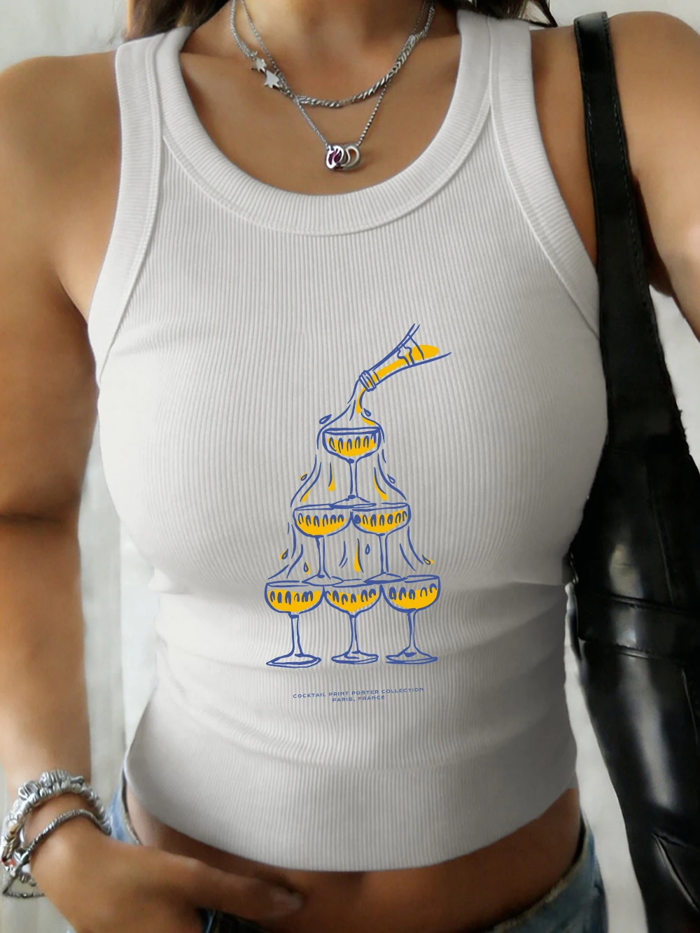 Cocktail Paris France Printing Damen-Tanktop mit O-Ausschnitt, lässig, Basic-Unterhemd aus elastischer Baumwolle, Sommer-Tanktop mit schmaler Passform, weich