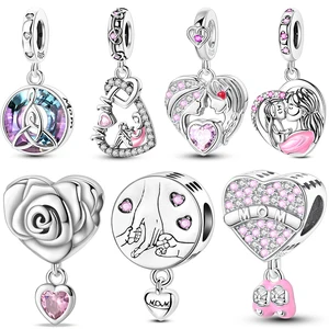 925スターリングシルバーマザーデイピンクのハート型ジルコンチャームペンダントフィットオリジナルS925ブレスレットdiyジュエリーギフトお母さん 6ベストセールスシルバーハートチャーム-3
