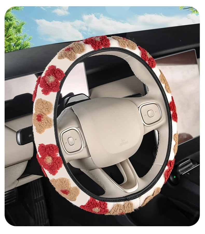 Blumenförmiger Auto-Lenkradbezug mit Plüsch-Dreidimensionalmuster Elastischer und Dehnbarer Schutzbezug für Damen-Autos – Detail 9