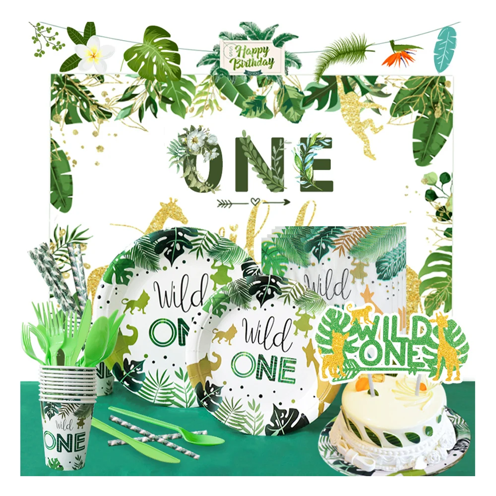 

Green Wild Party Theme Party Decorations, Plates, Toppers for Paper Cup, Disposable Tableware, Party Decorations