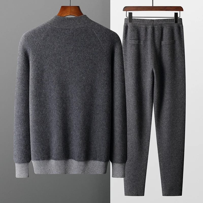 100% Goat Cashmere Two-piece Men's Knitting Stand Neck Cardigan Autumn Winter Thickened Slim-fit Pants Color Contrast Warm Suit