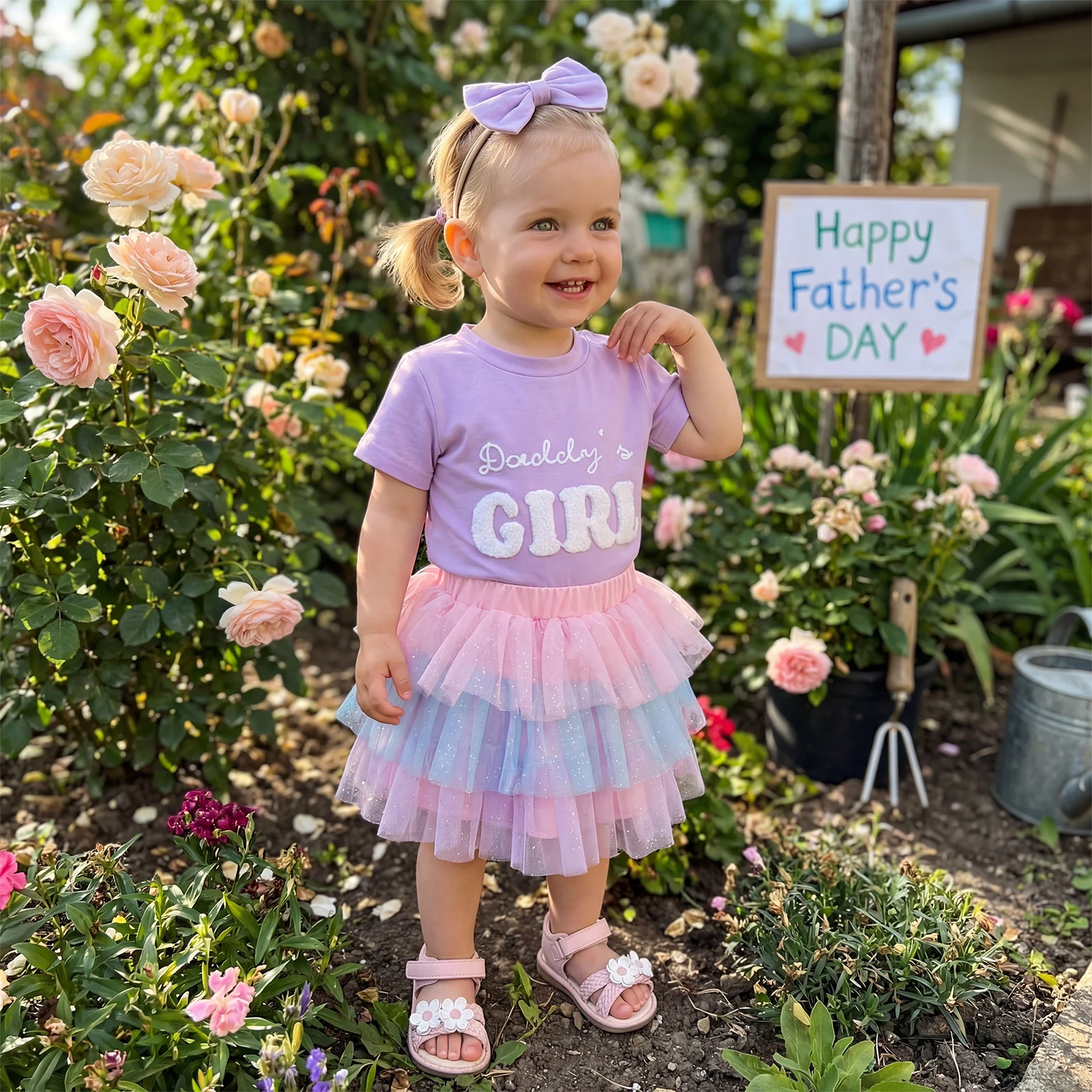 Baby Girl Fathers Day Outfit Letter Embroidery Short Sleeve T-Shirt and Sequined Tulle Skirt Headband Set