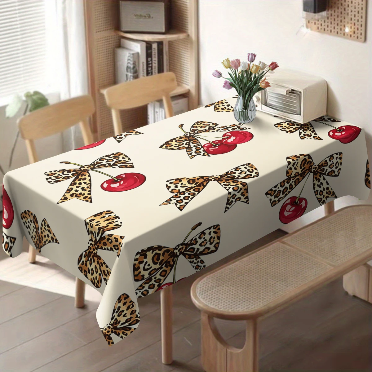 Floral & Leopard Print Polyester Tablecloth - Stylish Table Cover for Dining Table, Chic Home Party & Daily Table Decoration