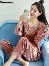 Velvet Lace Patchwork Pajama Sets Womens Spring Long Sleeve Sleepwear Casual Soft Pants Loungewear Suits Loose Nightwears