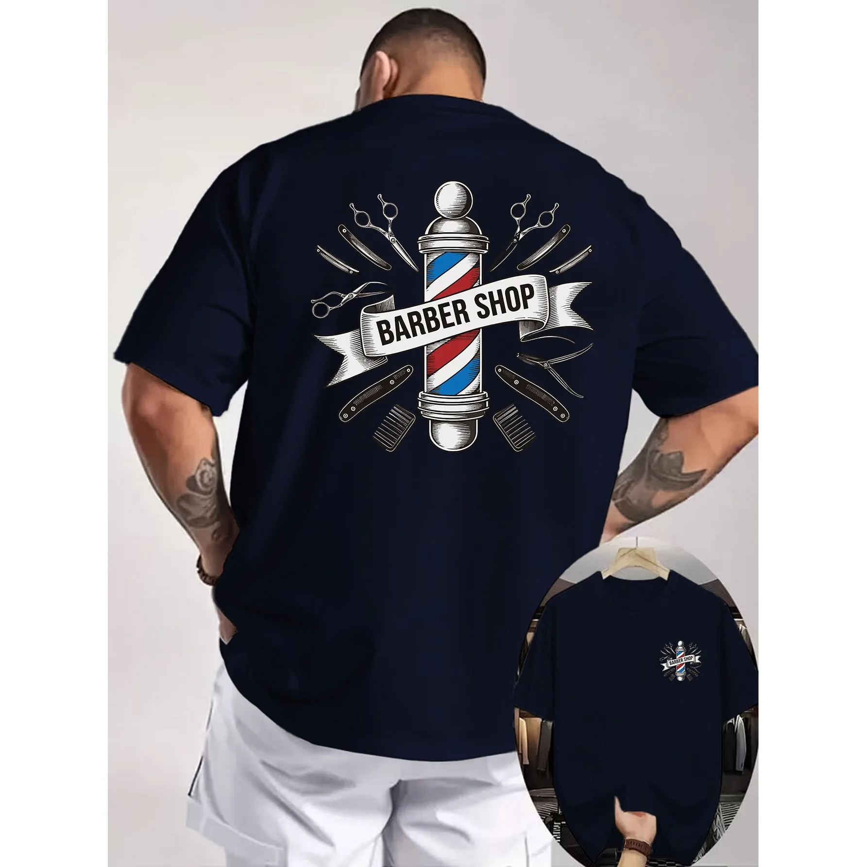 Barber Shop Vintage Badge Graphic Men's Cotton T-Shirt Short Sleeve Crew Neck Daily Tee