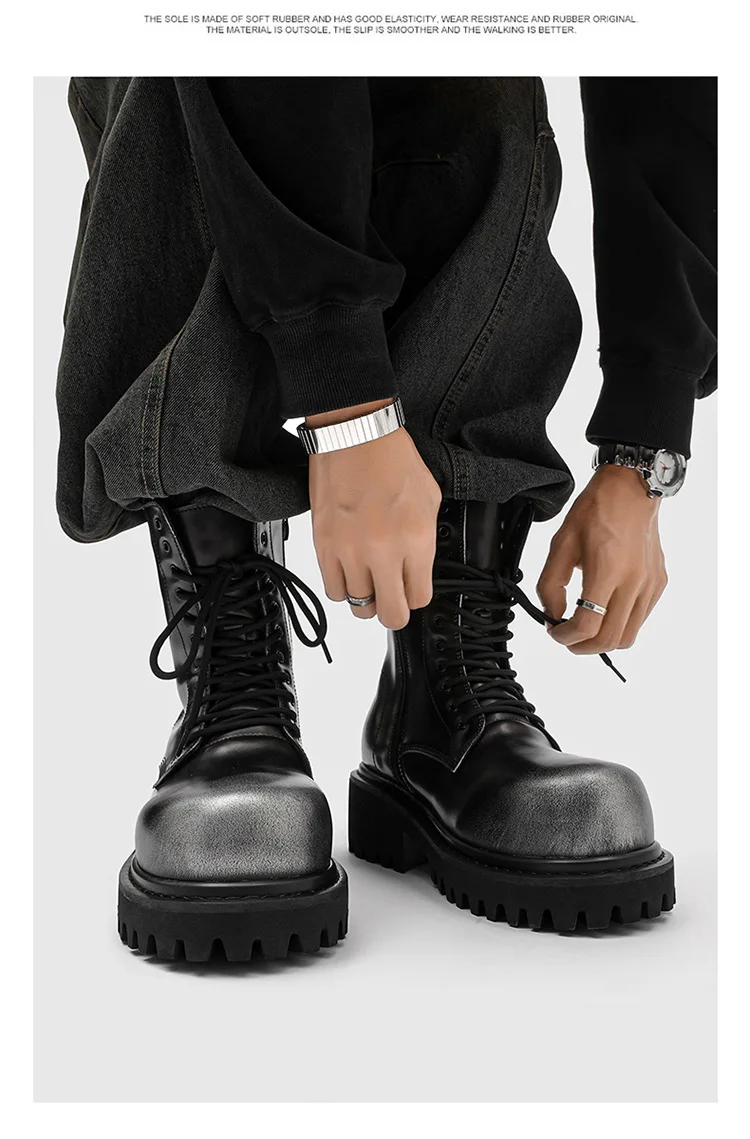 High-Top Thick-Soled Men's Boots Inner Height Increasing Workwear Leather Boots Designer Motorcycle Trendy Handmade Men's Boots