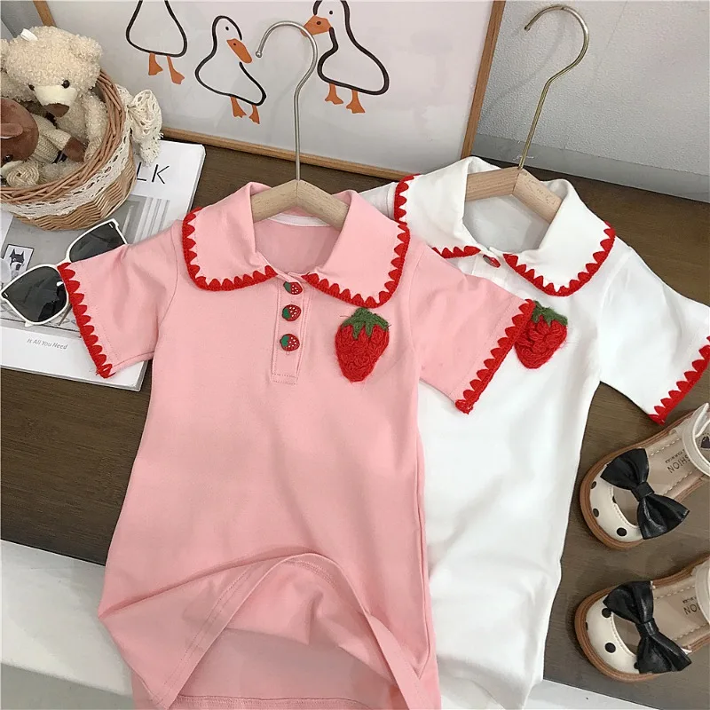 

Summer Kids Baby Girls Dress Cute Embroidery Strawberry Polo Dress Kawaii Princess Pink Casual Dress Short Sleeve Cotton 2-6y