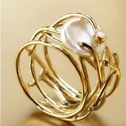 KSRA French Geometric Baroque Style Hollowed Out Gold Surround White Irregular Pearl Ring Creative Personal Trend Party Jewelry