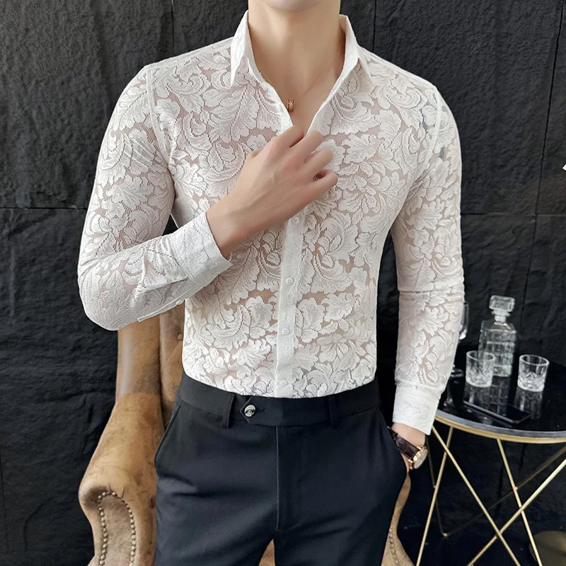 2024 Spring Flower Hollow Out Shirt for Men Long Sleeve Solid Color Slim Casual Shirts Social Party Tuxedo Blouse Men Clothing