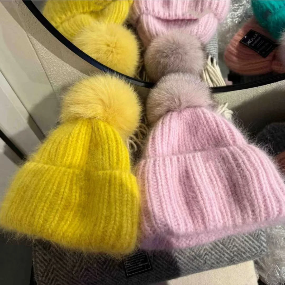 Real Fox Fur Pom Poms Hats for Women Winter Outdoor Warm Skullies Beanies Fashion Rabbit Knitted Thick Cap Christmas