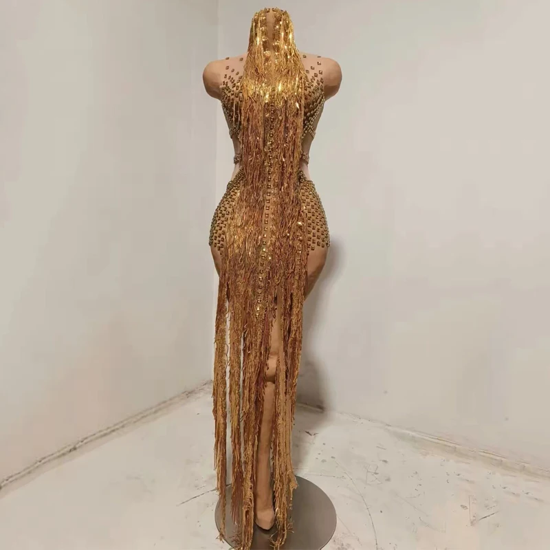 Irregular Fringed Rhinestones Dress Women Stage Catwalk Evening Dresses Party Festival Gown Jazz Dance Gogo Costume XS11824